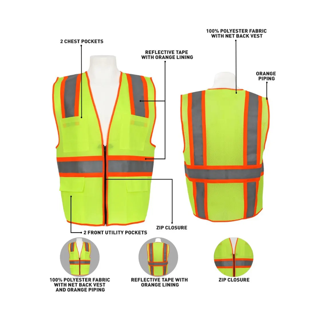 Workland WMA Reflective Fabric Vest with Zipper and Four Pockets - 180 GSM, Yellow