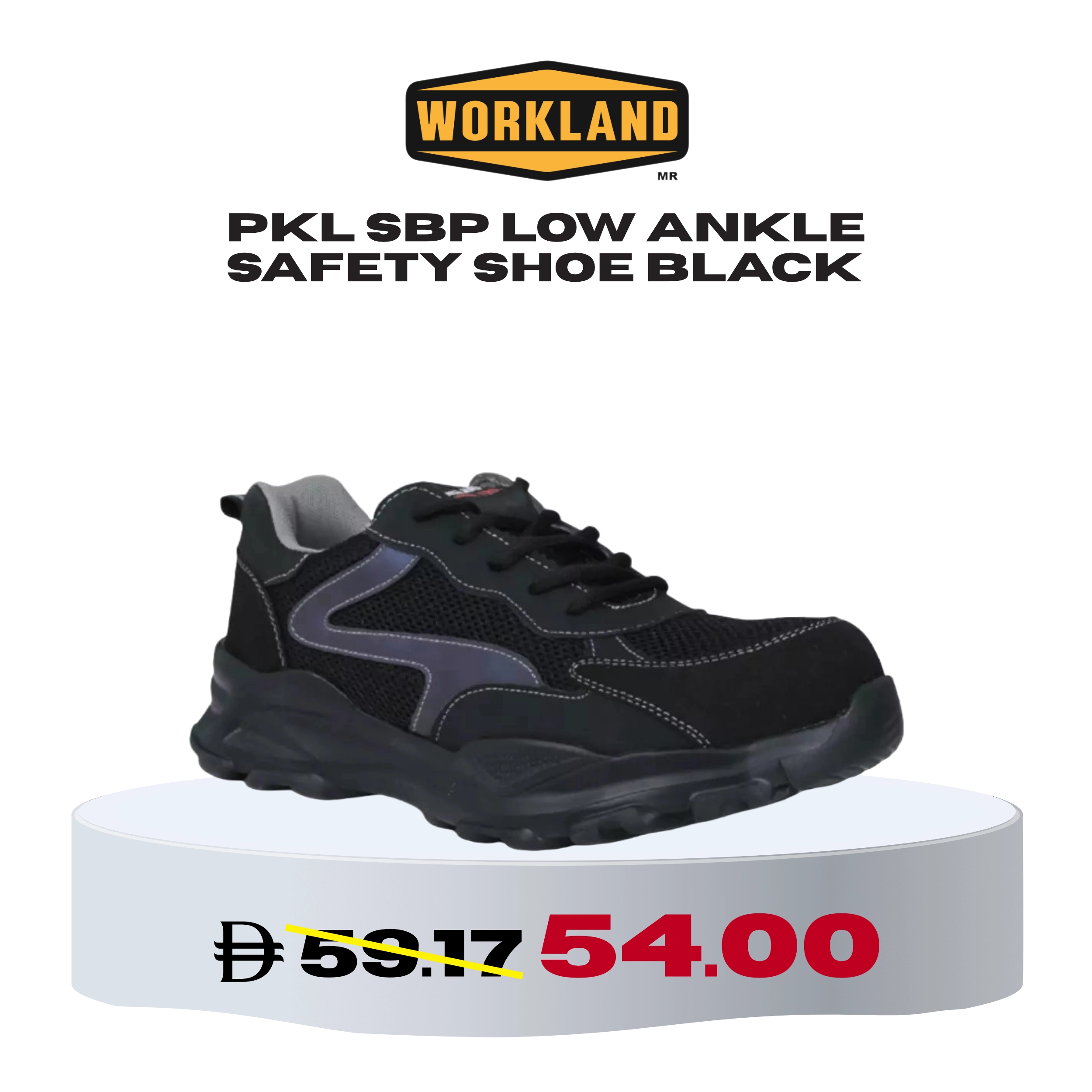 Workland PKL SBP low ankle black safety shoe displayed on a beach background, with discounted price AED54.00 marked from AED59.17.
