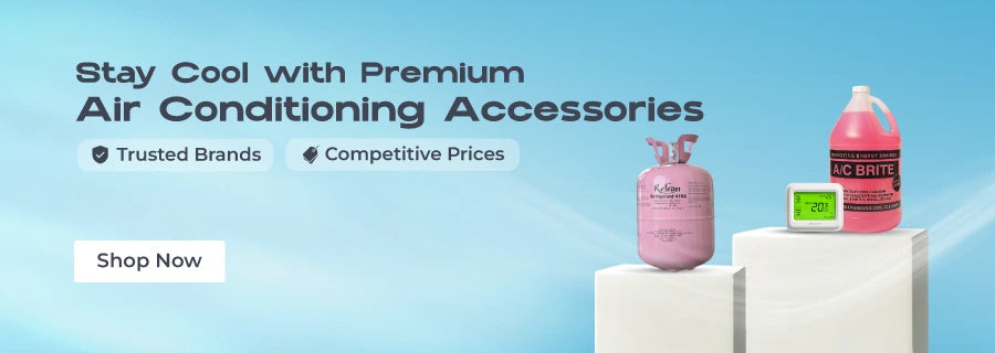 Air conditioning accessories including refrigerant gas cylinder, digital thermostat, and AC coil cleaner against a blue background.