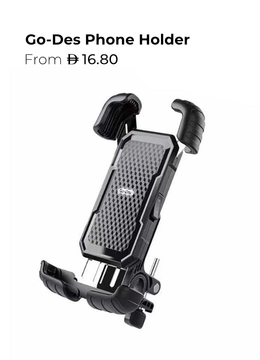 Go-Des adjustable phone holder with secure grip and shock-absorbing design, suitable for bicycle and bikes, starting at AED 16.80