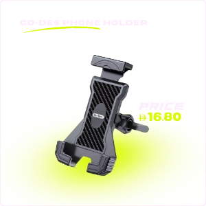 GO-DES phone holder with black carbon fiber texture and price tag of AED 16.80 on a dark purple background