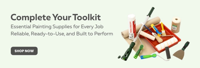 Complete painting toolkit with brushes, rollers, masking tape, trays, putty knife, and essential painting supplies for home or professional use