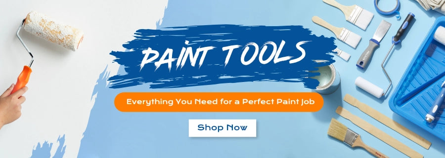 Banner showcasing various paint tools including paintbrushes, rollers, a paint tray, masking tape, and a paint can, with the text 'Paint Tools – Everything You Need for a Perfect Paint Job' and a 'Shop Now' button on a blue background.