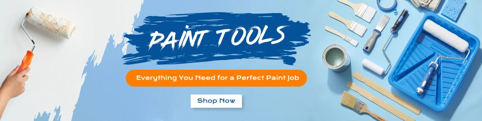 Banner showcasing various paint tools including paintbrushes, rollers, a paint tray, masking tape, and a paint can, with the text 'Paint Tools – Everything You Need for a Perfect Paint Job' and a 'Shop Now' button on a blue background.