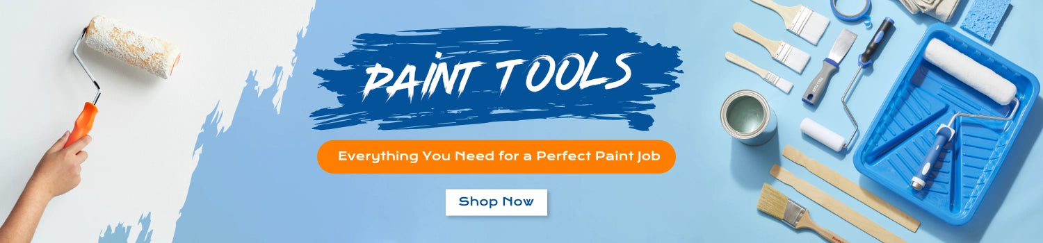 Banner showcasing various paint tools including paintbrushes, rollers, a paint tray, masking tape, and a paint can, with the text 'Paint Tools – Everything You Need for a Perfect Paint Job' and a 'Shop Now' button on a blue background.