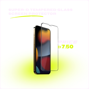 Super-D tempered glass screen protector displayed in front of a smartphone with a price tag of AED 7.50 on a dark background with yellow glow