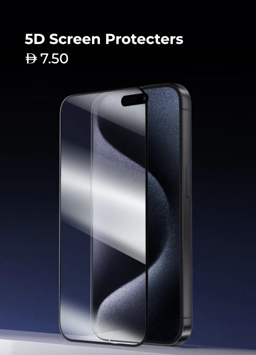 5D tempered glass screen protector for smartphone with edge-to-edge coverage, priced at AED 7.50