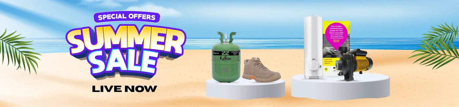 Beach-themed banner with the text 'Special Offers Summer Sale Live Now', showcasing a refrigerant gas cylinder, a safety shoe, a water heater, and a water pump displayed on podiums