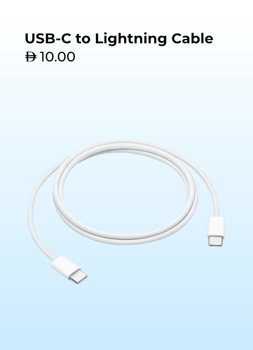Durable USB-C to Lightning cable for fast charging and data transfer, compatible with Apple devices, priced at AED 10.00
