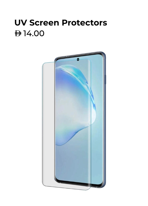 UV screen protector for smartphones with edge-to-edge coverage and high transparency, priced at AED 14.00