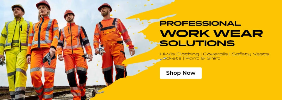 Group of construction workers wearing high-visibility safety clothing including jackets, coveralls, and helmets, with the text 'Professional Work Wear Solutions – Hi-Vis Clothing | Coveralls | Safety Vests | Jackets | Pant & Shirt' on a yellow background and a 'Shop Now' button.