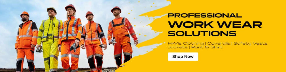 Group of construction workers wearing high-visibility safety clothing including jackets, coveralls, and helmets, with the text 'Professional Work Wear Solutions – Hi-Vis Clothing | Coveralls | Safety Vests | Jackets | Pant & Shirt' on a yellow background and a 'Shop Now' button.