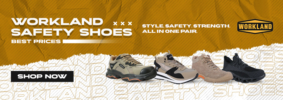 Banner showing four different models of WORKLAND safety shoes with the slogan 'Style. Safety. Strength. All in one pair.' and a 'Shop Now' button on an orange and white background