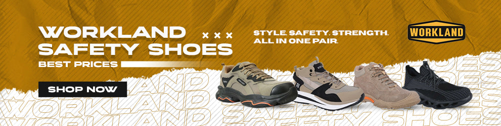 Banner showing four different models of WORKLAND safety shoes with the slogan 'Style. Safety. Strength. All in one pair.' and a 'Shop Now' button on an orange and white background