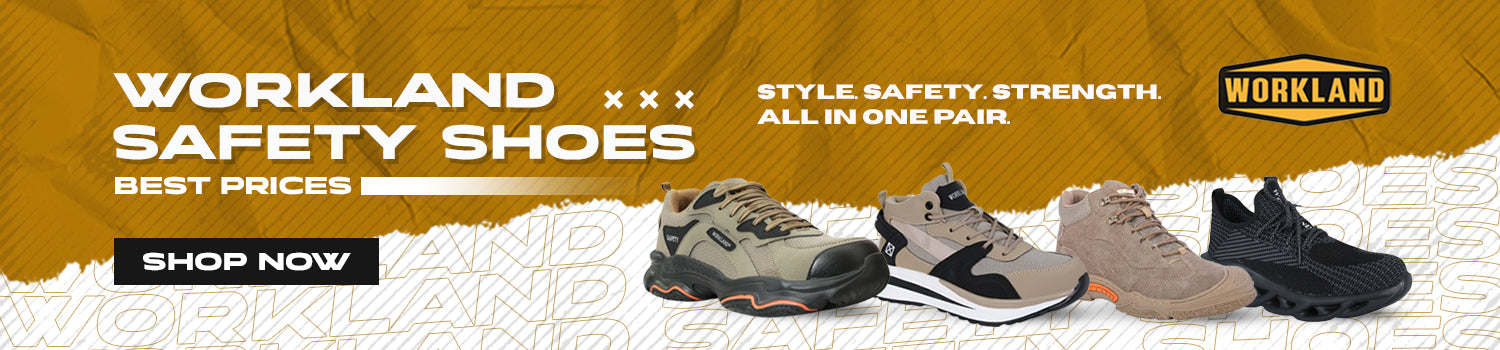 Banner showing four different models of WORKLAND safety shoes with the slogan 'Style. Safety. Strength. All in one pair.' and a 'Shop Now' button on an orange and white background