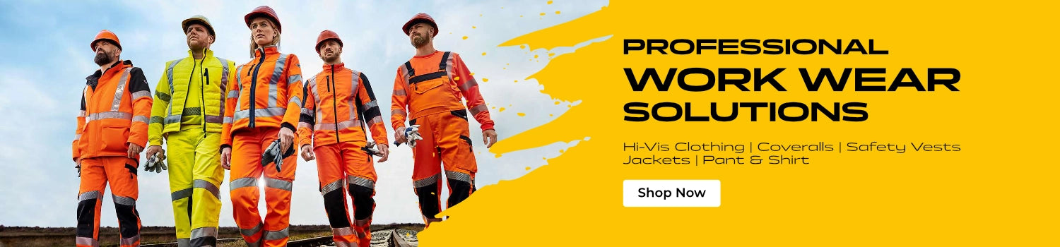 Group of construction workers wearing high-visibility safety clothing including jackets, coveralls, and helmets, with the text 'Professional Work Wear Solutions – Hi-Vis Clothing | Coveralls | Safety Vests | Jackets | Pant & Shirt' on a yellow background and a 'Shop Now' button.