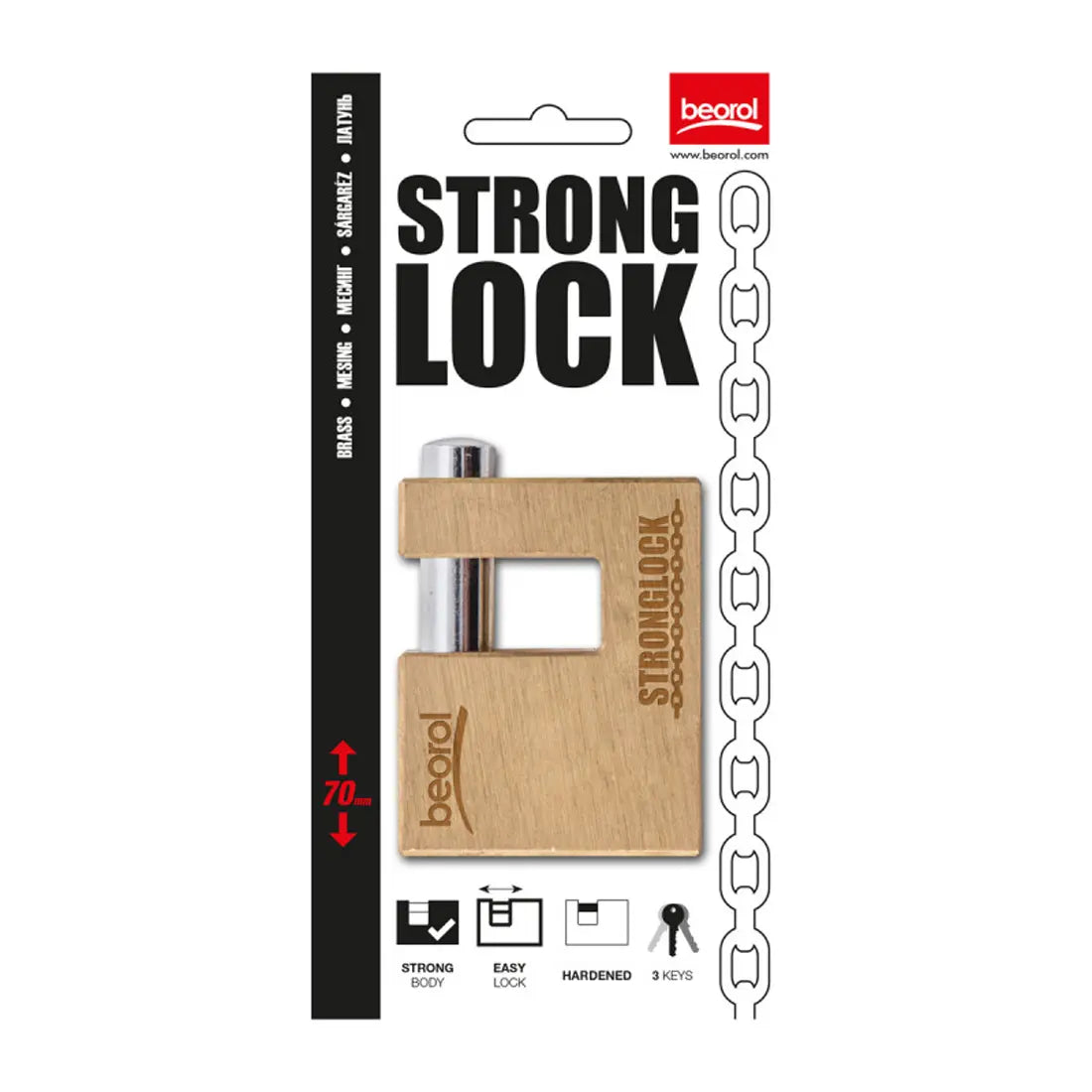 Beorol KB70 Solid Brass Box Padlock with Keys 70mm