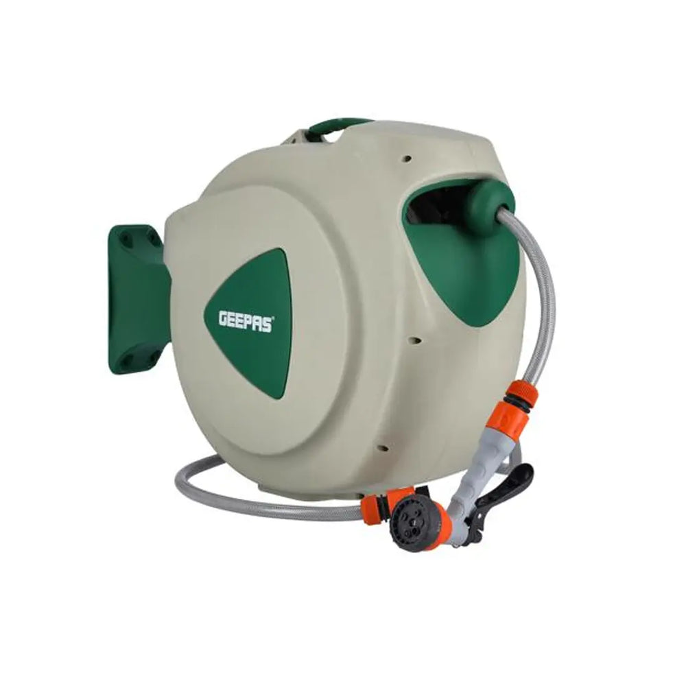 Geepas GWH59056 Auto-Retracting Water Hose Reel with Level Track and Swivel Mounting Bracket, 30m 1/2”