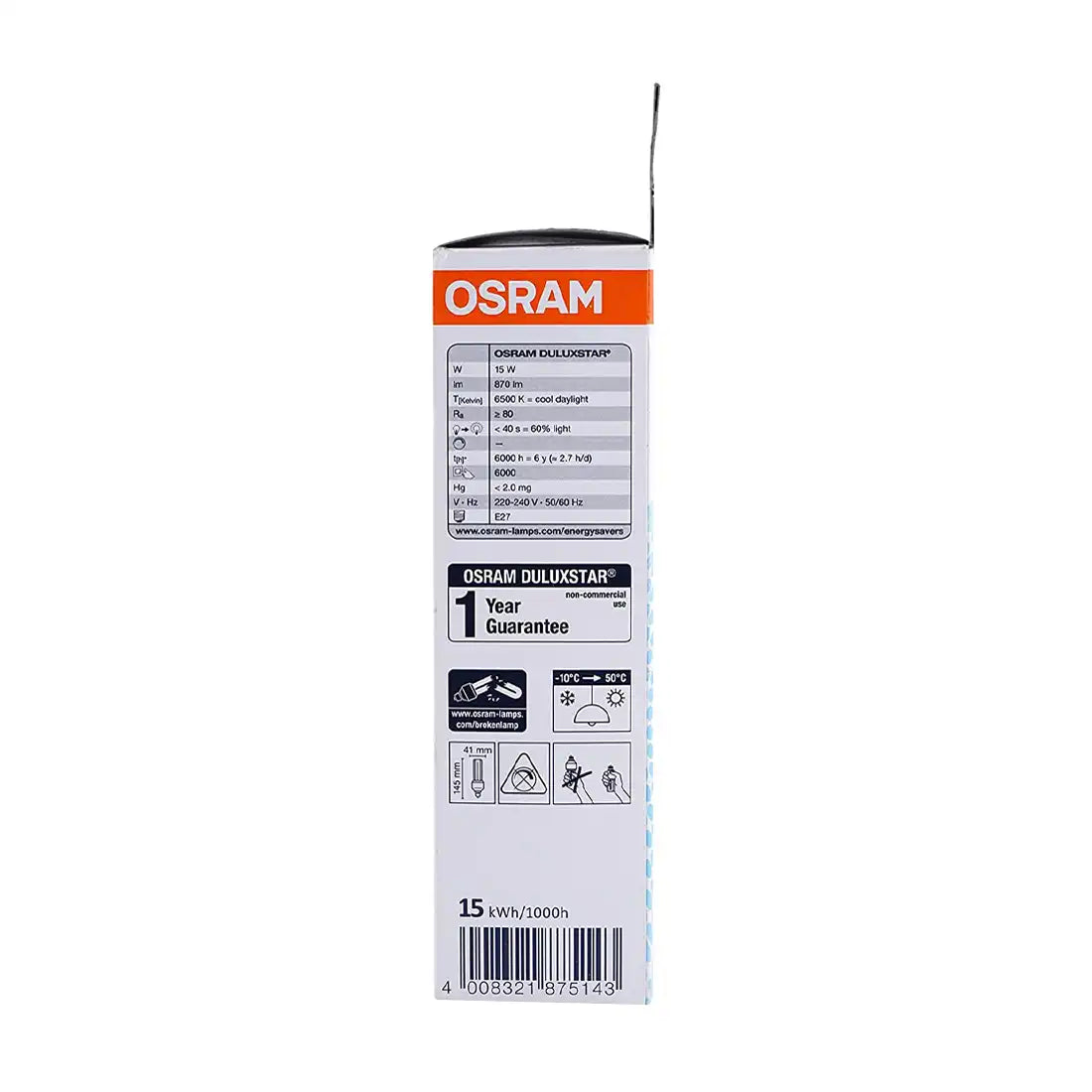 Osram Duluxstar CFL Bulb, Energy Saving Lamp 15W, 870lm, E27 - Cool Day Light