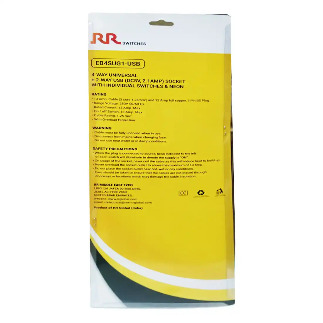RR Global EB4SUG1 4 Way Universal & 2 USB Extension Cord, 3m