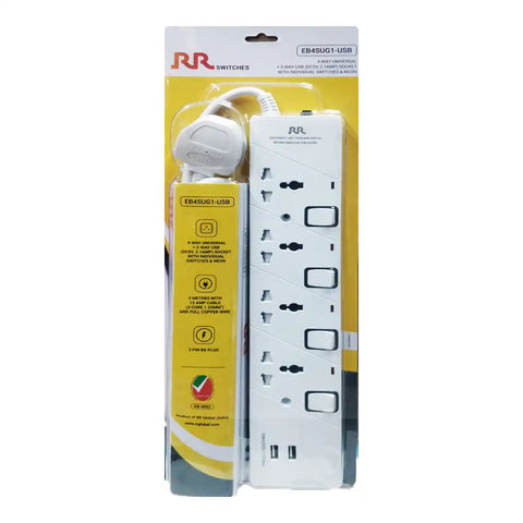 RR Global EB4SUG1 4 Way Universal & 2 USB Extension Cord, 3m